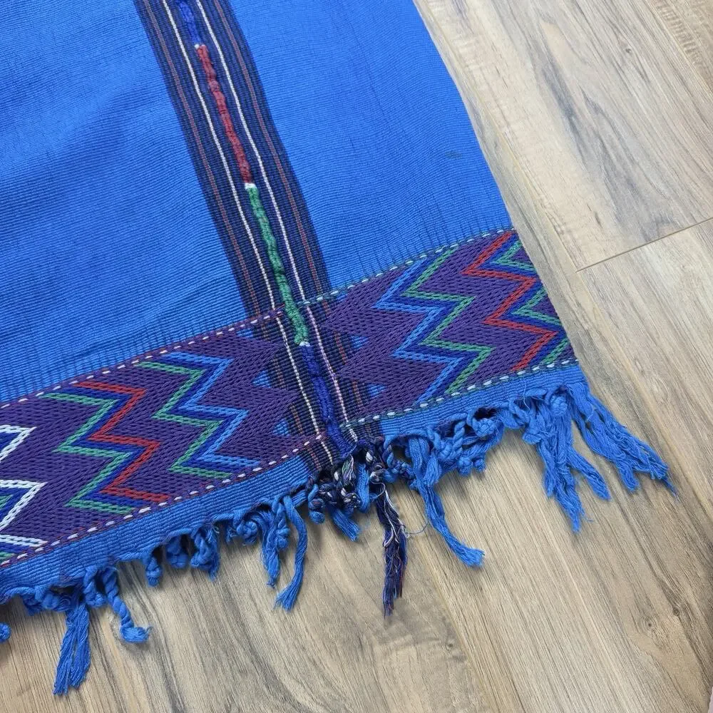 Guatemalan Woven Blanket Throw Textile Blue Fringe Traditional 82” x 88”